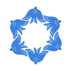 Fototapeta premium An aesthetic frame in the form of circling birds in blue and white, a wreath of swifts, a dove dance