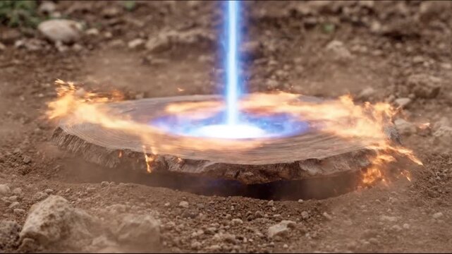 A beam of light emitting from the center of a burning circular platform on a dirt ground