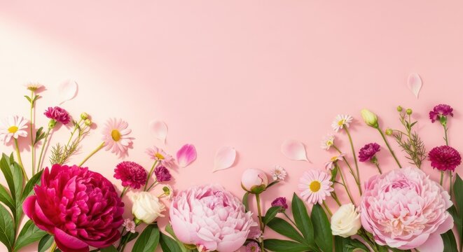 Beautiful floral arrangement with pink and white flowers on pastel background