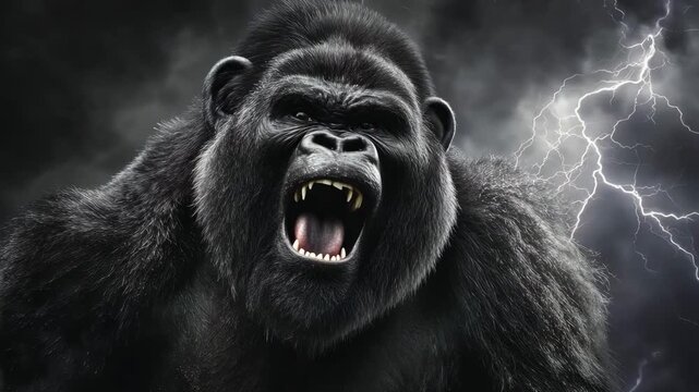 Angry gorilla roaring in thunderstorm  