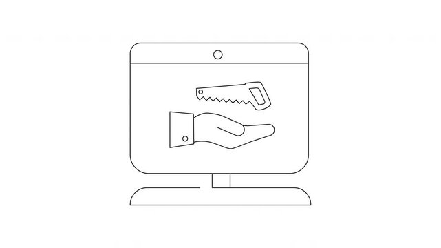 Online Carpentry Services - Hand and Saw Icon on Computer Screen.