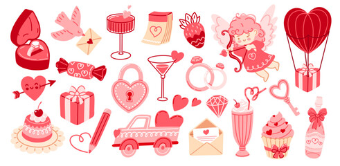 Fototapeta premium Valentine's Day elements. Set of cute romantic stickers. Heart, love letter, cocktail, lock and key. Sweet dessert, gift, cupid with bow and arrow. Vector illustration. 