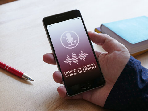 Voice Cloning Technology on Smartphone Screen. Artificial Intelligence, Speech Synthesis, Deepfake Audio and Digital Identity Security Concept