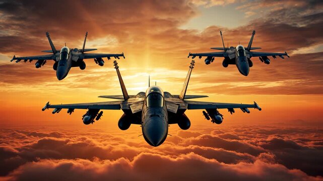 Fighter jets flying at sunset