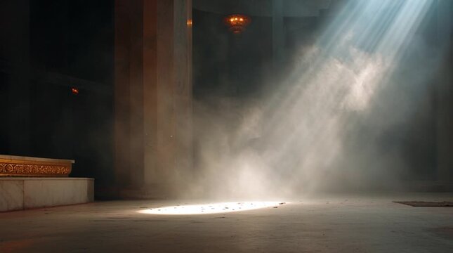 Dust particles floating in a beam of light inside a sacred space. No people visible, subtle presence implied through atmosphere, stillness, and soft illumination.
