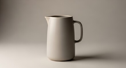 A sleek, modern ceramic pitcher with a handle, bathed in soft lighting against a neutral backdrop