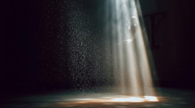 Dust particles floating in a beam of light inside a sacred space. No people visible, subtle presence implied through atmosphere, stillness, and soft illumination.

