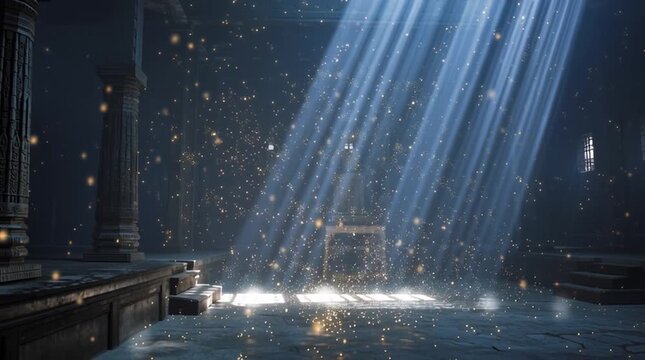 Dust particles floating in a beam of light inside a sacred space. No people visible, subtle presence implied through atmosphere, stillness, and soft illumination.
