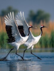 Obraz premium Two stunning cranes dance gracefully on the water. Their wings spread wide, showcasing elegant white and black feathers. A serene natural setting enhances this vivid scene. AI