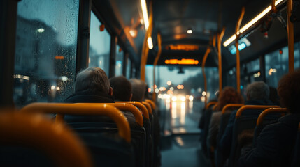 Naklejka premium Photo of a bus interior with people sitting and riding in the bus. There are many people, but all are different. Public transport. Copy space. Realism. Stock photo. High detail