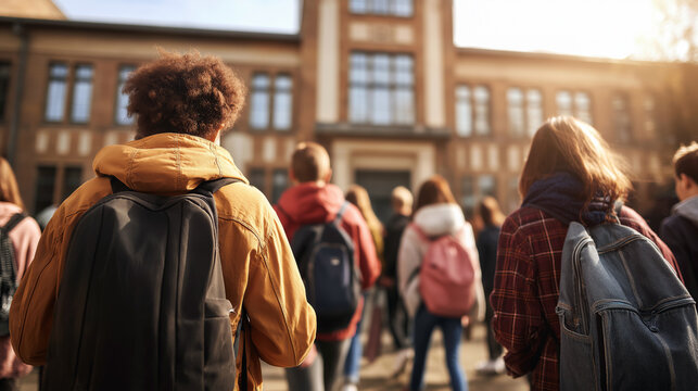 Diverse students walking toward school building from behind, backpacks visible, no faces, lifestyle education concept
