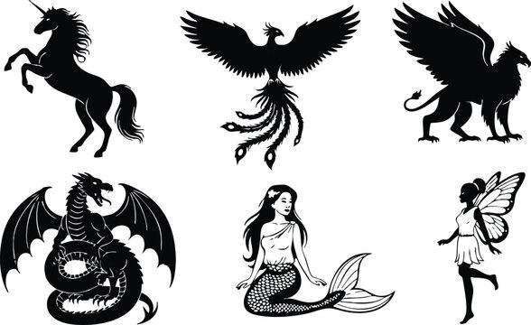 Silhouette vector art of mythical creatures including winged griffin phoenix dragon unicorn mermaid and fairy fantasy theme in black and white design