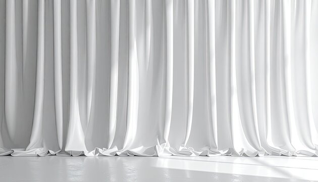 Elegant white curtains draped dramatically over a reflective floor surface.