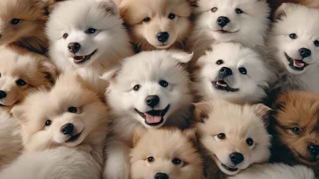 Adorable pomeranian puppies close up  