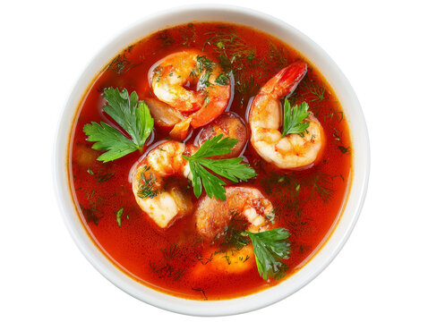 A close-up shot of a bowl of seafood soup, showcasing cooked shrimps and sausage pieces in a tomato-based broth, garnished with parsley Isolated Transparent Background, PNG