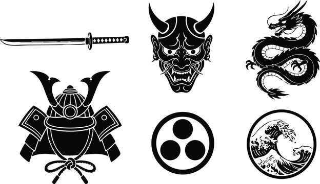 Black silhouette samurai helmet oni mask katana sword japanese dragon wave circle emblem traditional asian icons flat design composition