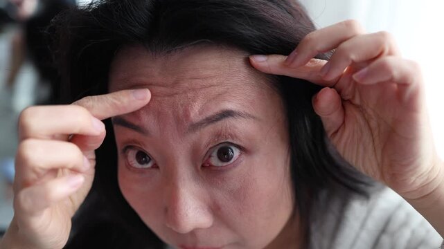 closeup portrait of Asian middle age woman showing her skin closeup showing wrinkles in her forehead.
