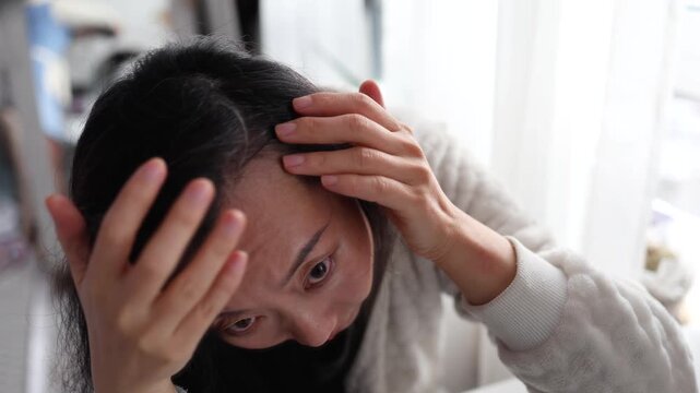 Sad Asian middle aged woman having her hair trouble in the living room.