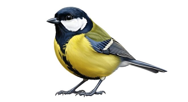 A vibrant Great Tit perched on branch, showcasing its yellow, blue, and white plumage in a clear, isolated environment from a side viewpoint