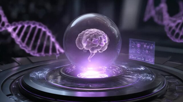 A glowing brain is encased in a glass sphere, surrounded by DNA strands and a futuristic display