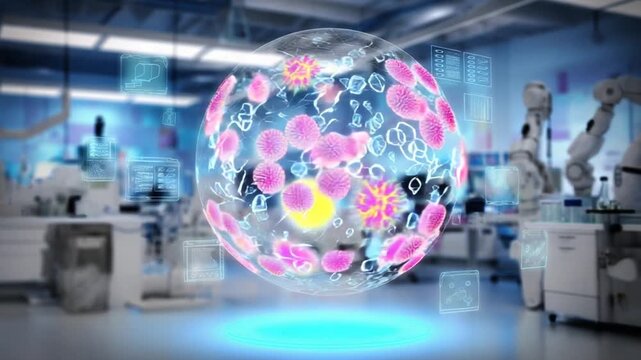 A glowing orb with pink entities floating in a lab setting, showcasing futuristic tech