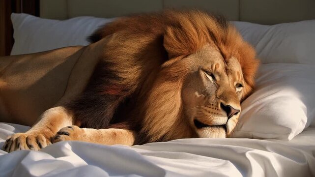 L&ouml;we im Bett &ndash; Luxus-Schlafkonzept f&uuml;r Hotel- und Matratzenwerbung