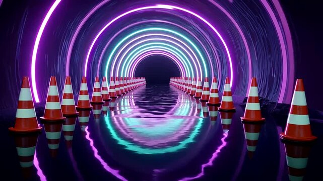 Row of orange traffic cones sit in water within a circular neon-lit tunnel