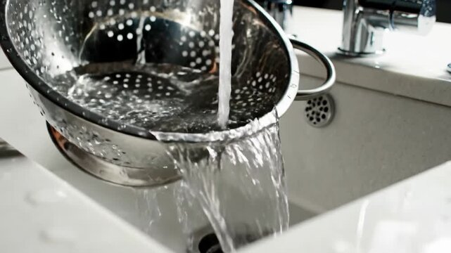 Water pouring into a colander in a kitchen sink, close-up