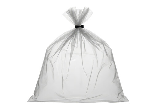 Transparent plastic bag tied with black strap isolated on transparent background