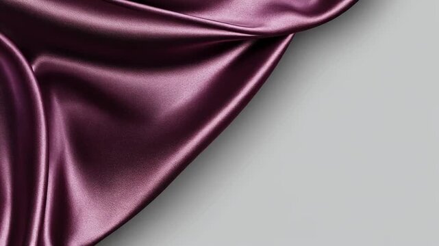 A detailed image of plum-colored flowing fabric against a grey backdrop, showing satin's texture