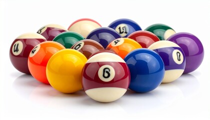 Glossy colorful billiard balls arranged together on white surface symbolizing gameplay precision scoring and vibrant leisure activity