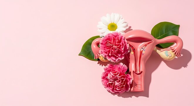 Pink uterus model with flowers and green leaves on pink background for womens health and anatomy education purposes only