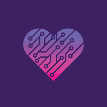 Digital heart with circuit board design on purple background