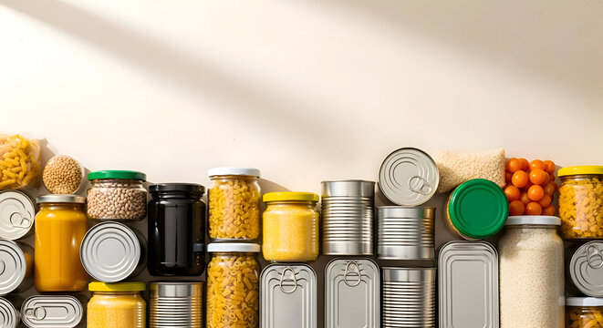 Assorted non perishable food items in cans and jars on a shelf with a beige background
