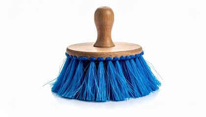 Handheld scrubbing brush with wooden handle and blue bristles symbolizing durability cleaning efficiency and household utility