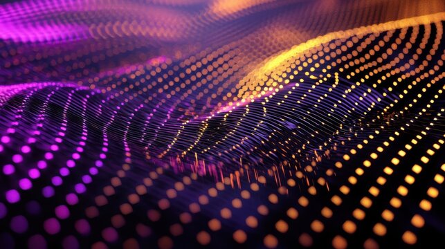 Laser beam modulation creates dynamic interference patterns with purple and golden light dots flowing across dimensional surface in wave formations technology