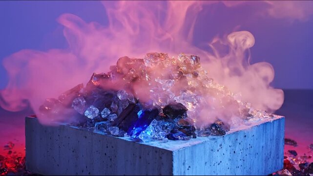 Glowing glass and smoky steam pile on a square concrete block against a colorfully lit background