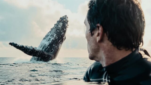 Close-Up of a Man Swimming in the Ocean as a Whale Breaches Behind Him