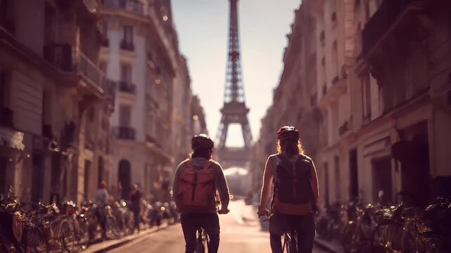 Cardio sports cycling biking exercise, healthy lifestyle. Two people riding bicycles down a Parisian street at sunset, with the iconic Eiffel Tower in the background.