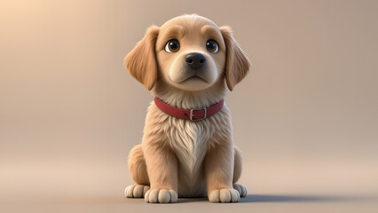 Cute puppy sitting portrait, 3D cartoon render on beige background