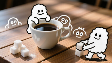 Coffee cup with cute doodle characters and sugar cubes on wooden table, fun morning concept