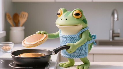 Funny frog cooking pancakes in kitchen, 3D character wearing knitted apron