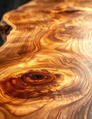 A close-up view highlighting the intricate grain and warm tones of a polished wooden slab featuring a prominent dark knot.
