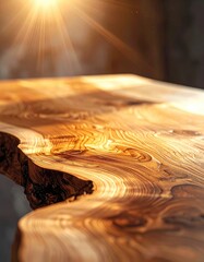 Close-up of a beautifully finished live edge wooden slab illuminated by dramatic sun rays.