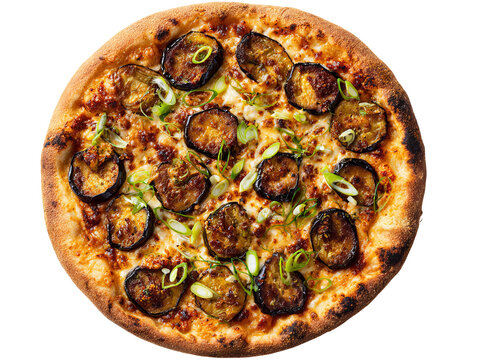 Delicious and appetizing pizza topped with eggplant and green onion, ready to be enjoyed! Isolated Transparent Background, PNG