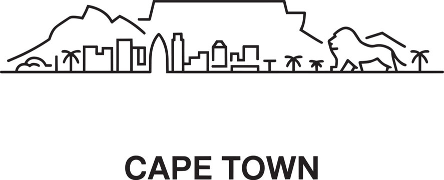 Cape town skyline vector line art showing table mountain peaks and downtown office buildings