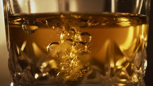 Sparkling champagne bubbles rising in glass macro