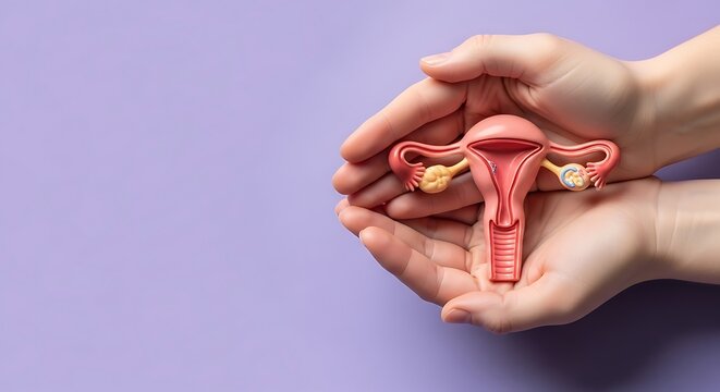 Female reproductive system model held in cupped hands against purple background  human anatomy education