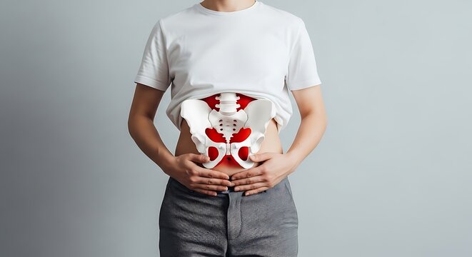 Woman in white tshirt and grey pants holding her lower abdomen with hands and pelvis bones and red organs visible through her skin