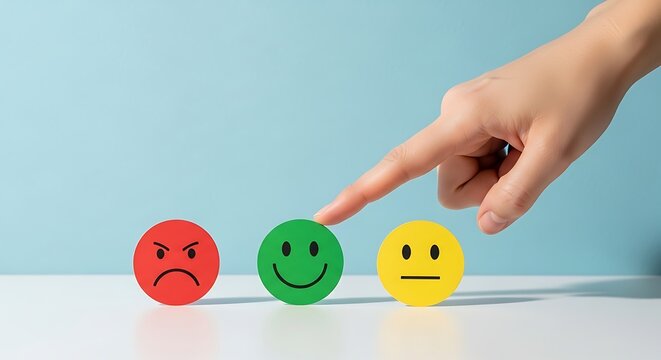 Hand pointing to a green smiling face among red angry and yellow neutral faces on a white table